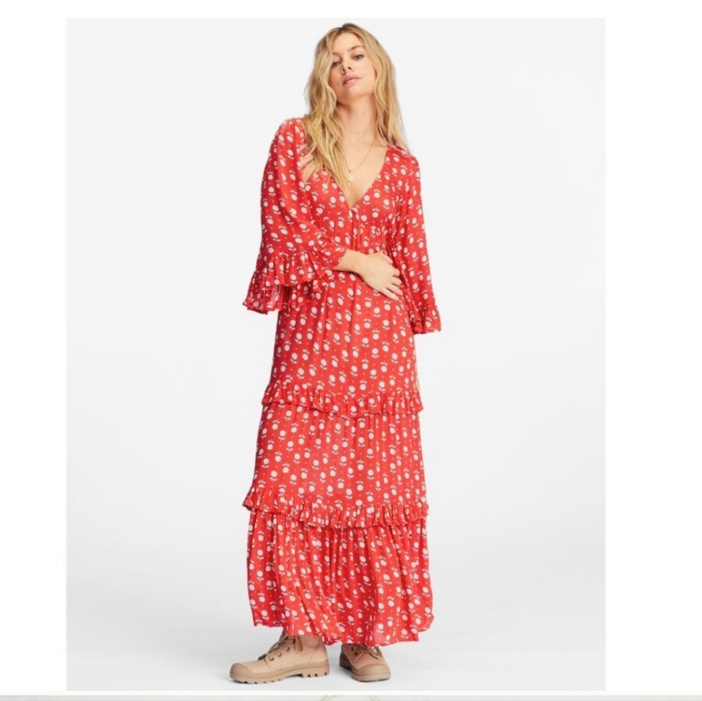 Billabong Time After Time V-Neck Maxi Dress Red Magic Size Small NWT